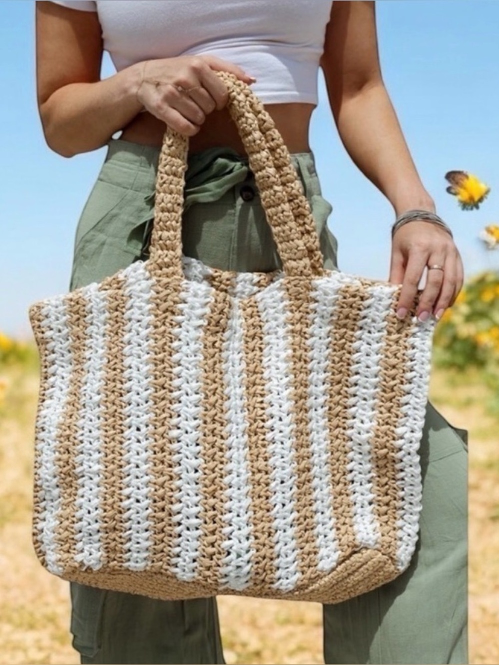 Ken Liston Lunden & Olivia Striped Tan and White Tote Bag